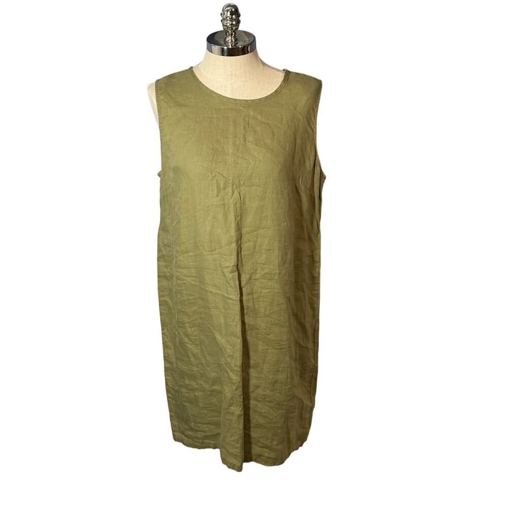 J Jill Love Linen Olive Green Sleeveless Midi Dress Preppy Size Large